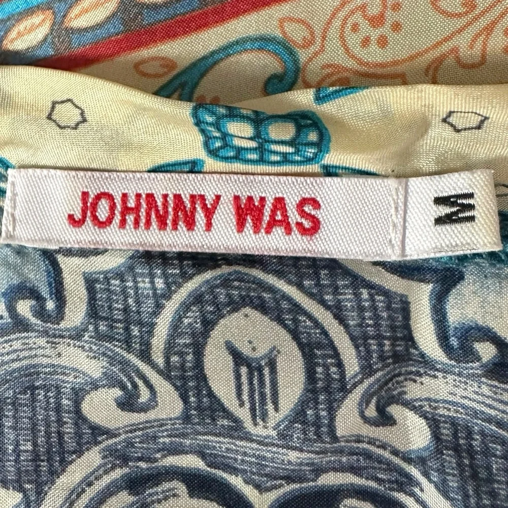 Johnny Was Bohemian Art to Wear Currency Print Silk Tunic Top Size Medium - Picture 14 of 17